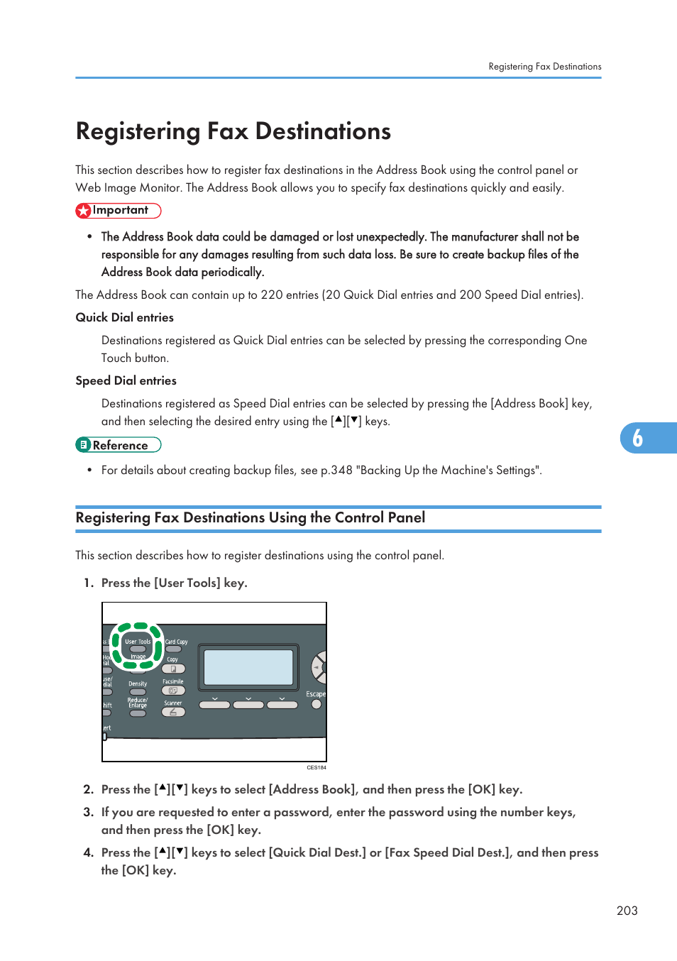 Registering fax destinations | Ricoh SP C240SF User Manual | Page 205 / 456