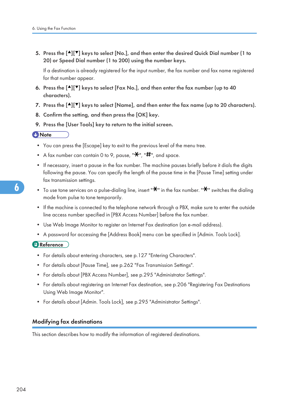 Modifying fax destinations | Ricoh SP C240SF User Manual | Page 206 / 456