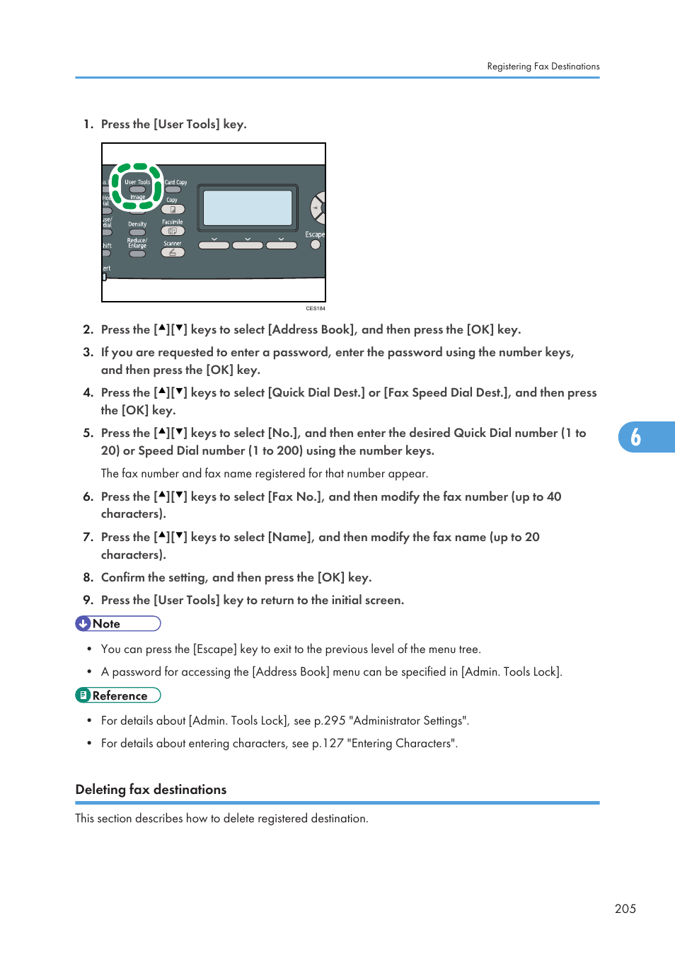 Deleting fax destinations | Ricoh SP C240SF User Manual | Page 207 / 456