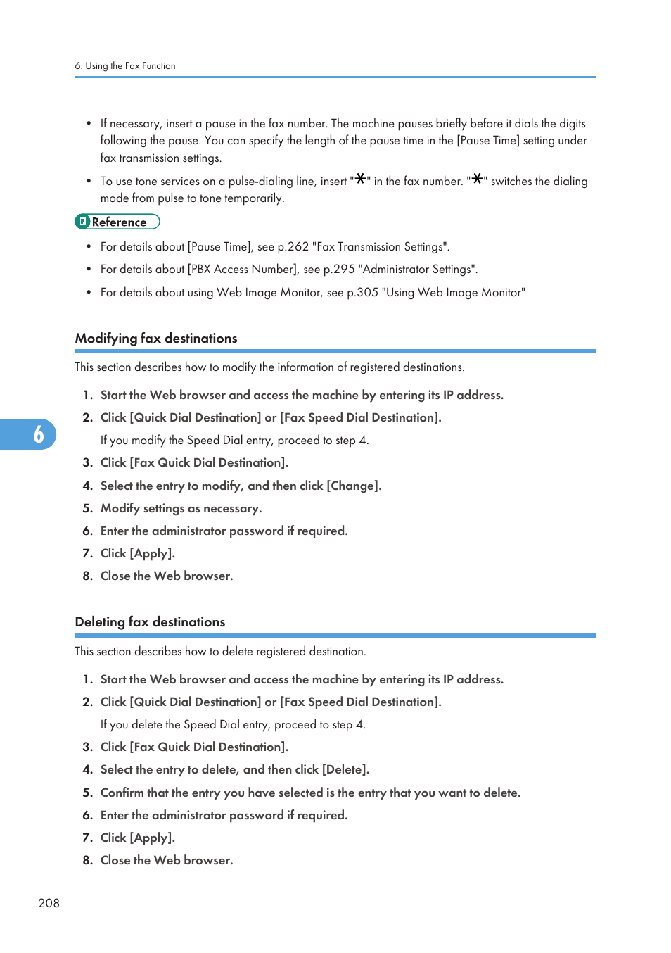 Modifying fax destinations, Deleting fax destinations | Ricoh SP C240SF User Manual | Page 210 / 456