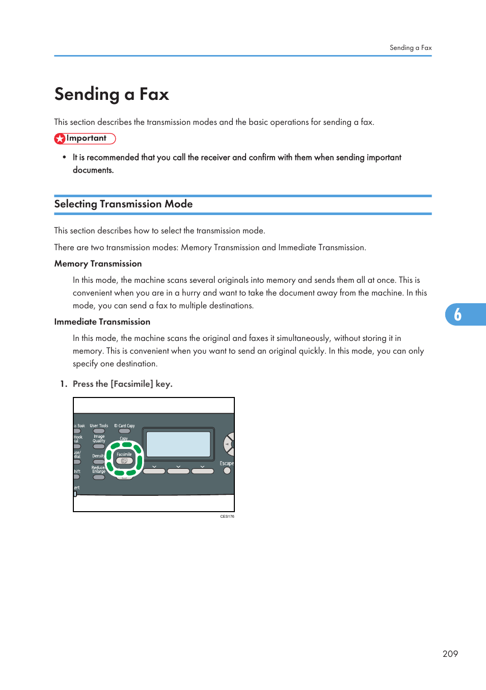 Sending a fax, Selecting transmission mode | Ricoh SP C240SF User Manual | Page 211 / 456