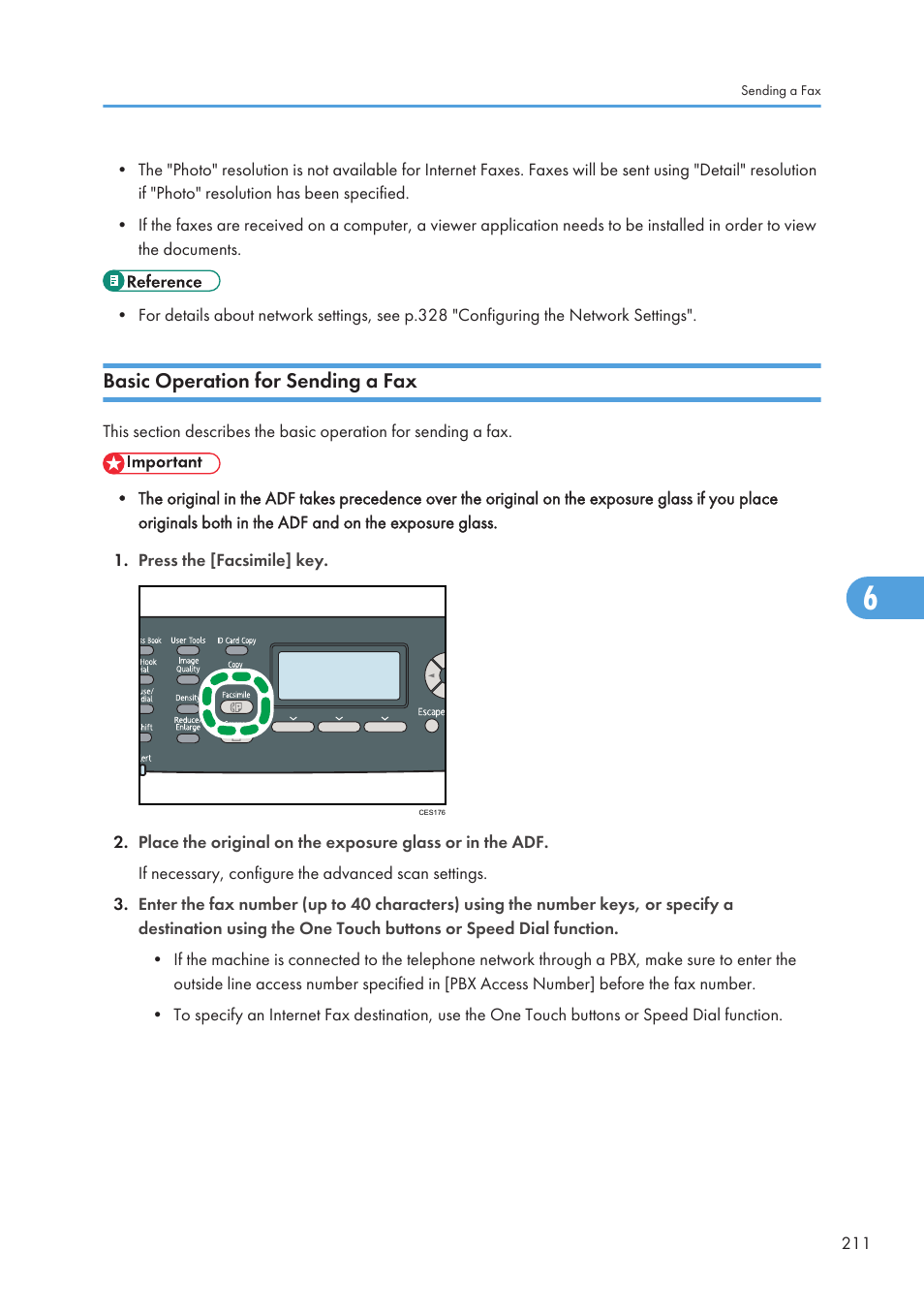 Basic operation for sending a fax | Ricoh SP C240SF User Manual | Page 213 / 456