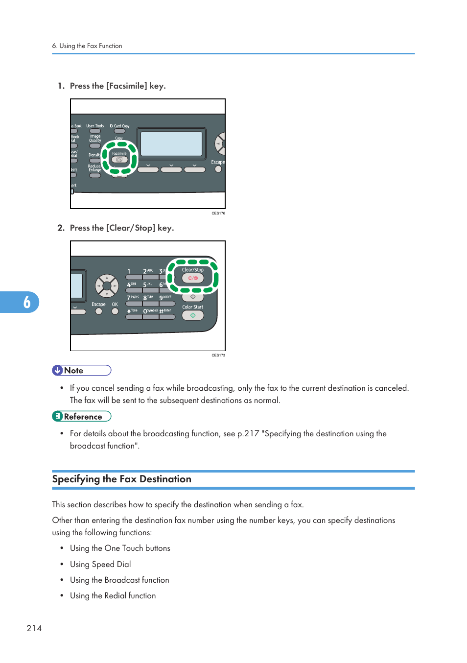 Specifying the fax destination | Ricoh SP C240SF User Manual | Page 216 / 456