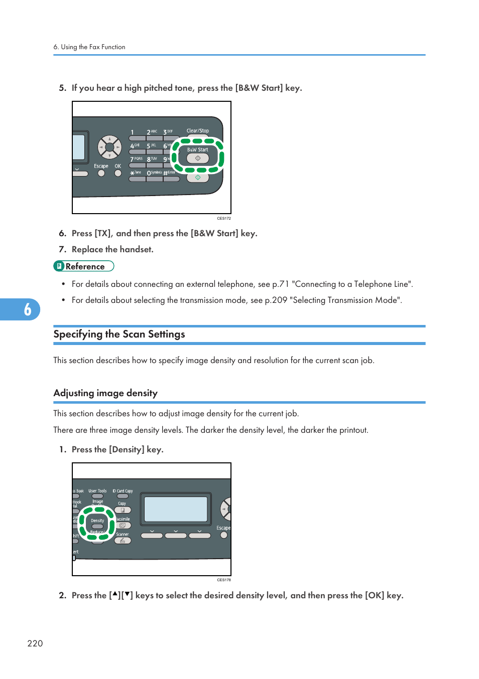 Specifying the scan settings, Adjusting image density | Ricoh SP C240SF User Manual | Page 222 / 456