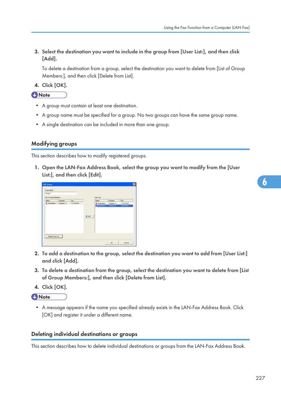 Modifying groups, Deleting individual destinations or groups | Ricoh SP C240SF User Manual | Page 229 / 456