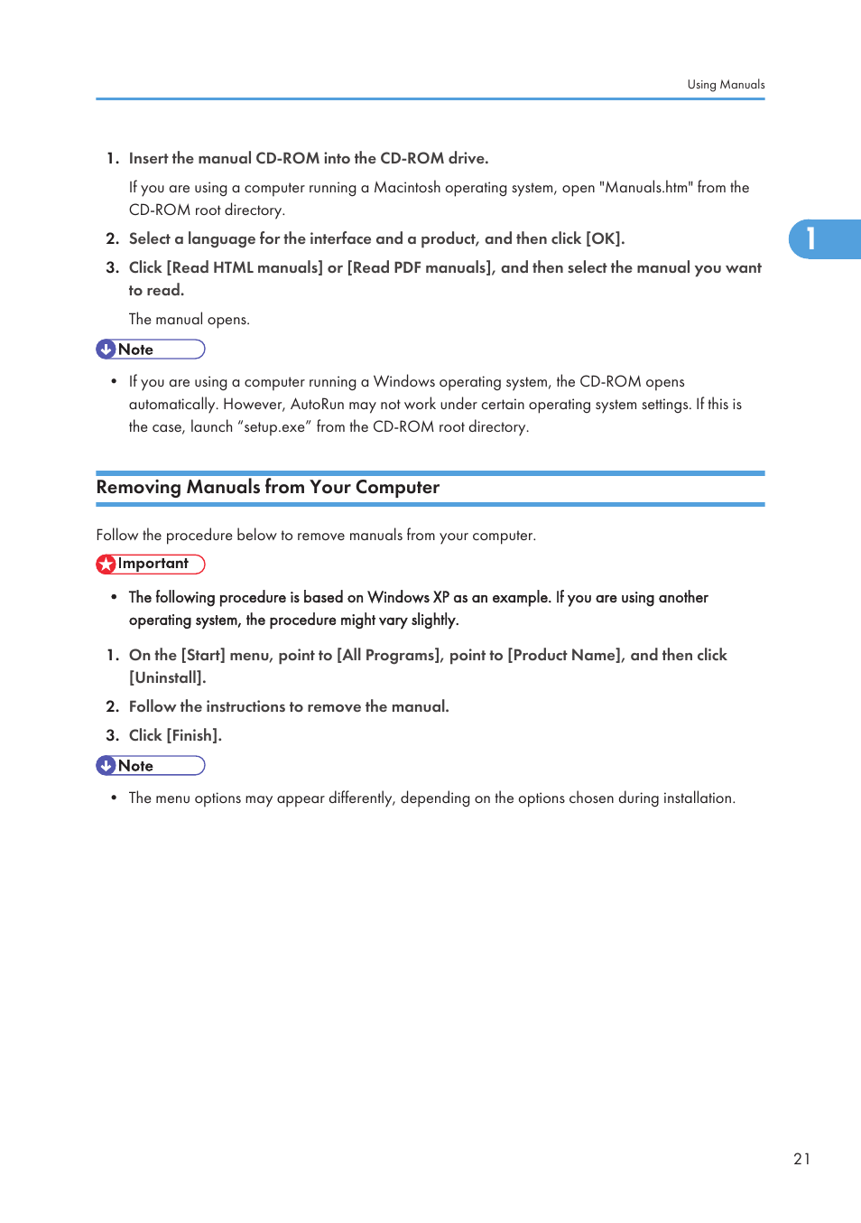 Removing manuals from your computer | Ricoh SP C240SF User Manual | Page 23 / 456