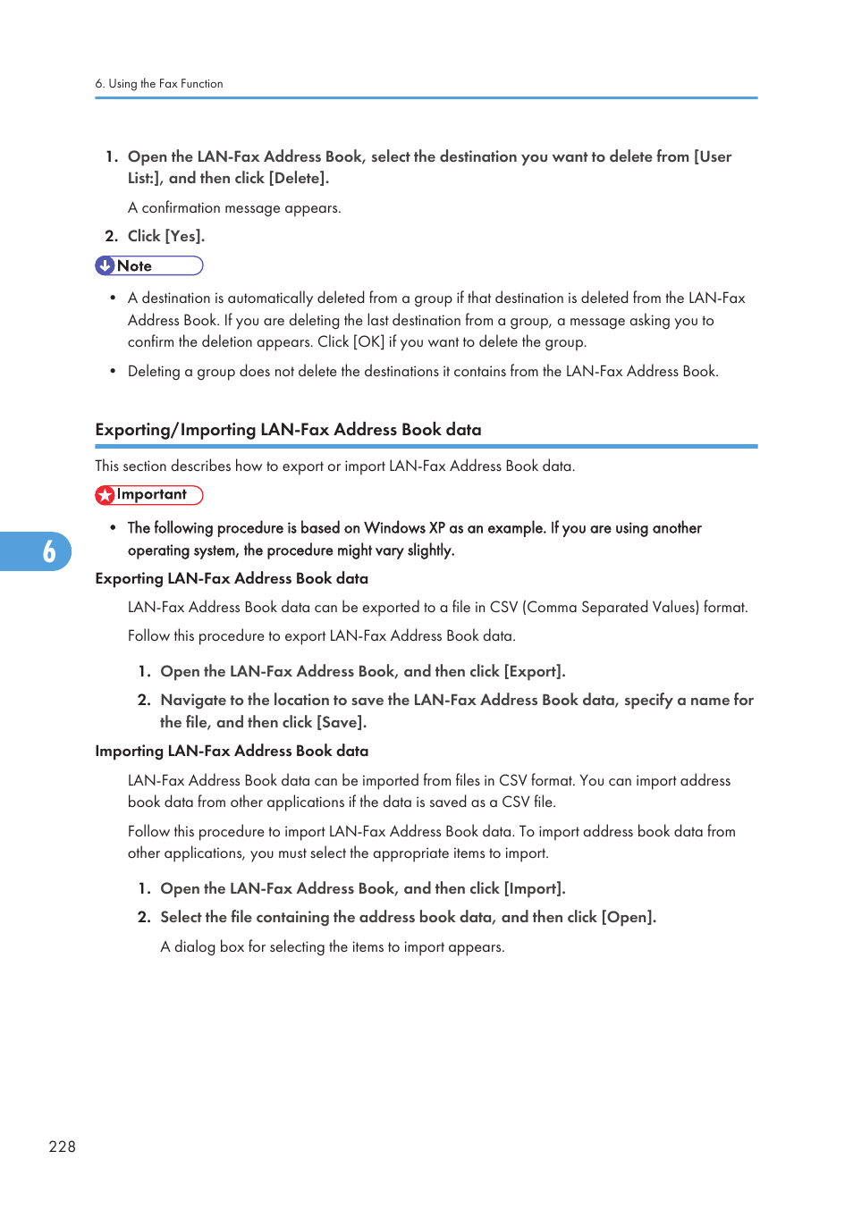 Exporting/importing lan-fax address book data | Ricoh SP C240SF User Manual | Page 230 / 456