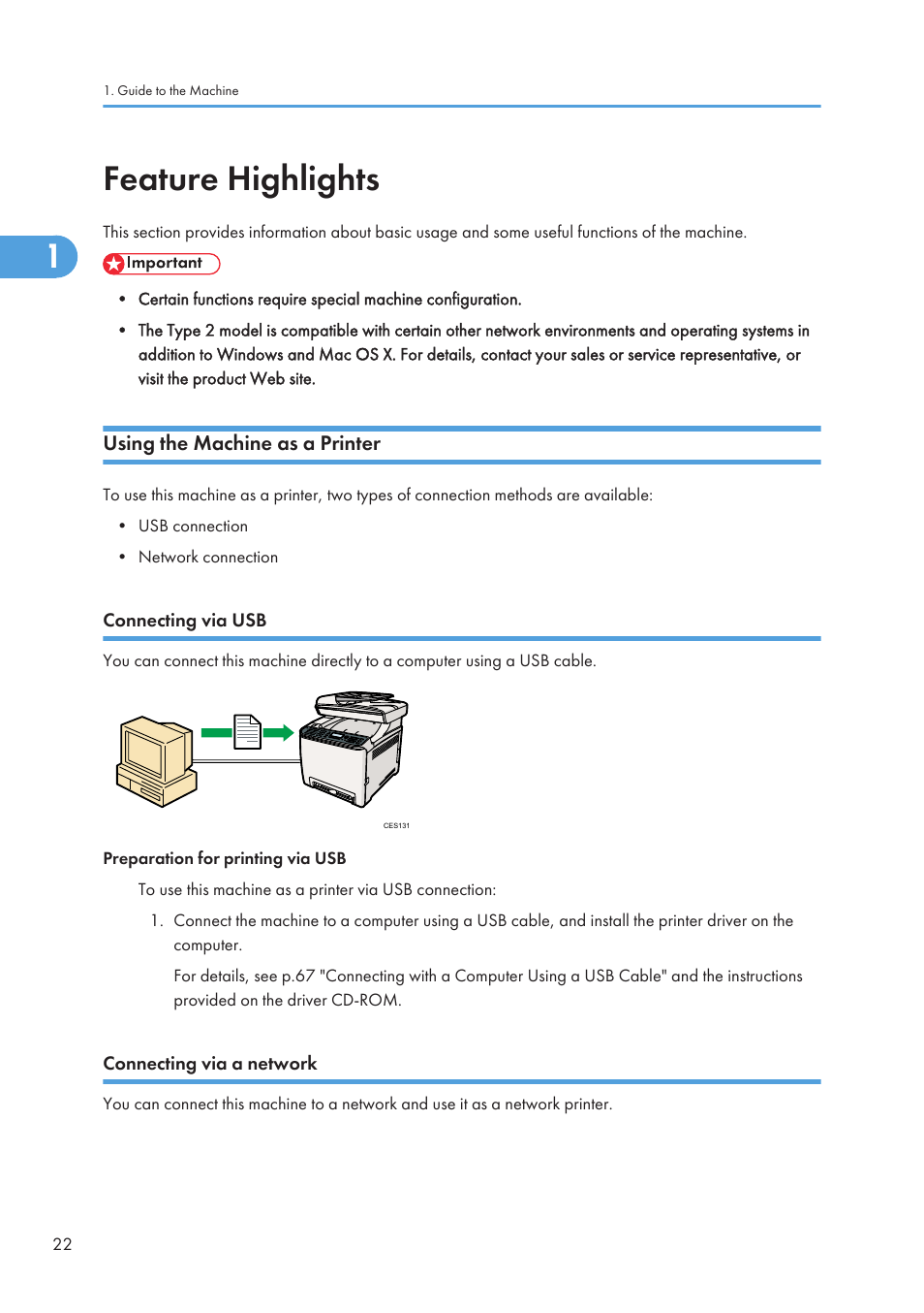 Feature highlights, Using the machine as a printer, Connecting via usb | Connecting via a network | Ricoh SP C240SF User Manual | Page 24 / 456