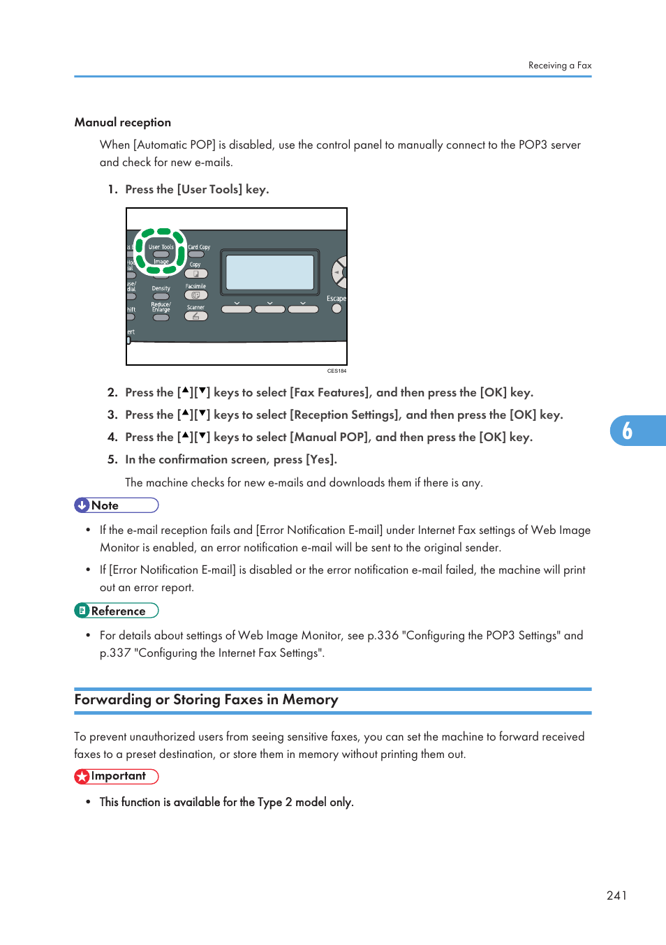 Forwarding or storing faxes in memory | Ricoh SP C240SF User Manual | Page 243 / 456