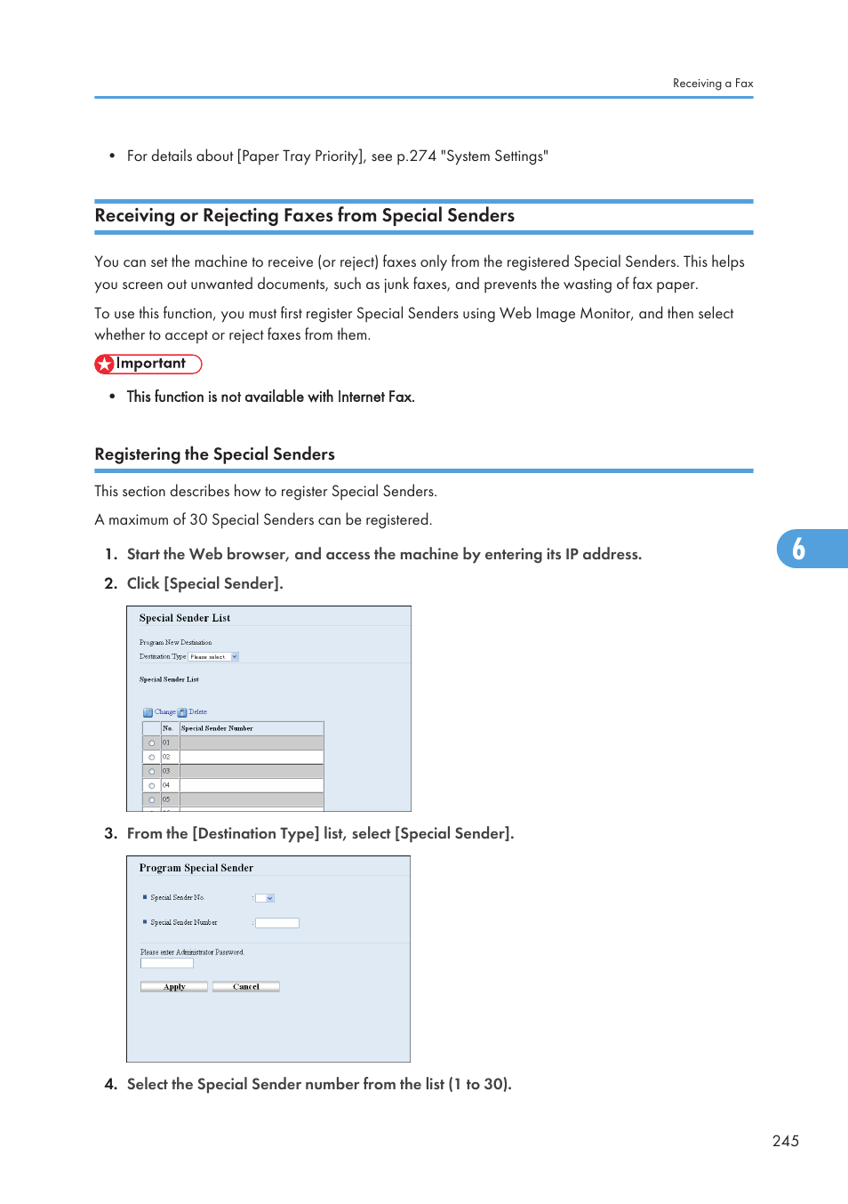 Receiving or rejecting faxes from special senders, Registering the special senders | Ricoh SP C240SF User Manual | Page 247 / 456