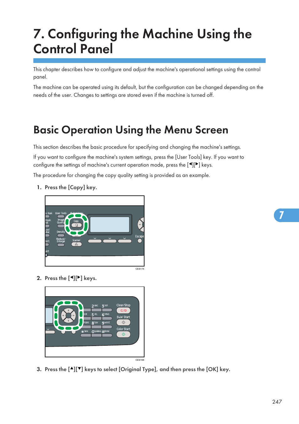 Configuring the machine using the control panel, Basic operation using the menu screen | Ricoh SP C240SF User Manual | Page 249 / 456
