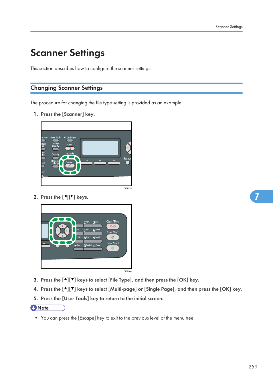 Scanner settings, Changing scanner settings, Settings | Ricoh SP C240SF User Manual | Page 261 / 456