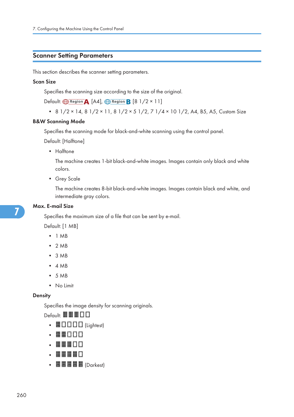 Scanner setting parameters | Ricoh SP C240SF User Manual | Page 262 / 456