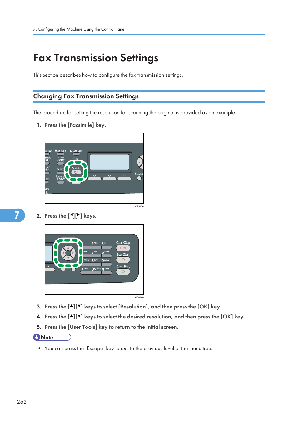 Fax transmission settings, Changing fax transmission settings | Ricoh SP C240SF User Manual | Page 264 / 456