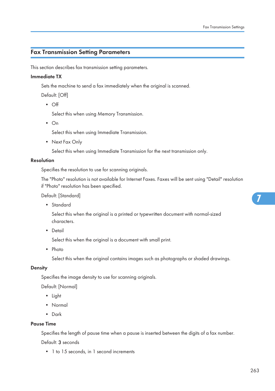 Fax transmission setting parameters | Ricoh SP C240SF User Manual | Page 265 / 456
