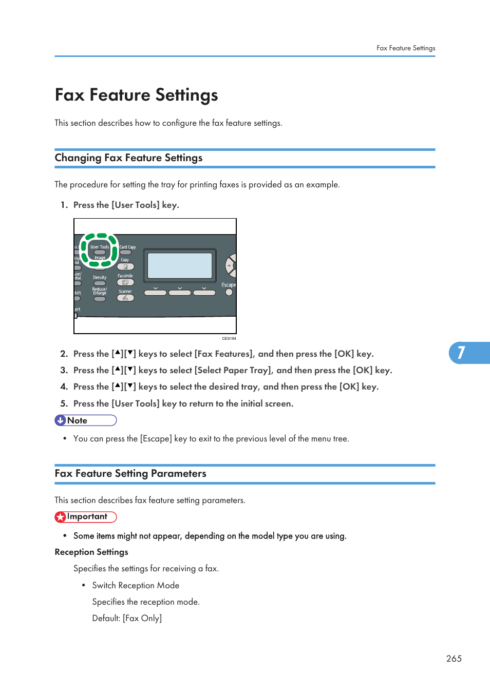 Fax feature settings, Changing fax feature settings, Fax feature setting parameters | Ricoh SP C240SF User Manual | Page 267 / 456