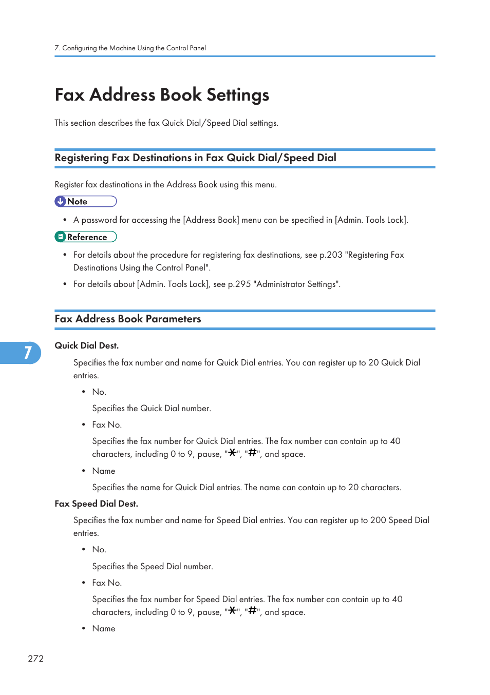Fax address book settings, Fax address book parameters | Ricoh SP C240SF User Manual | Page 274 / 456