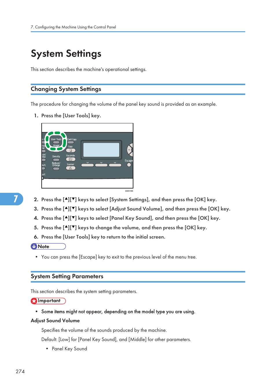 System settings, Changing system settings, System setting parameters | Changing system settings system setting parameters | Ricoh SP C240SF User Manual | Page 276 / 456