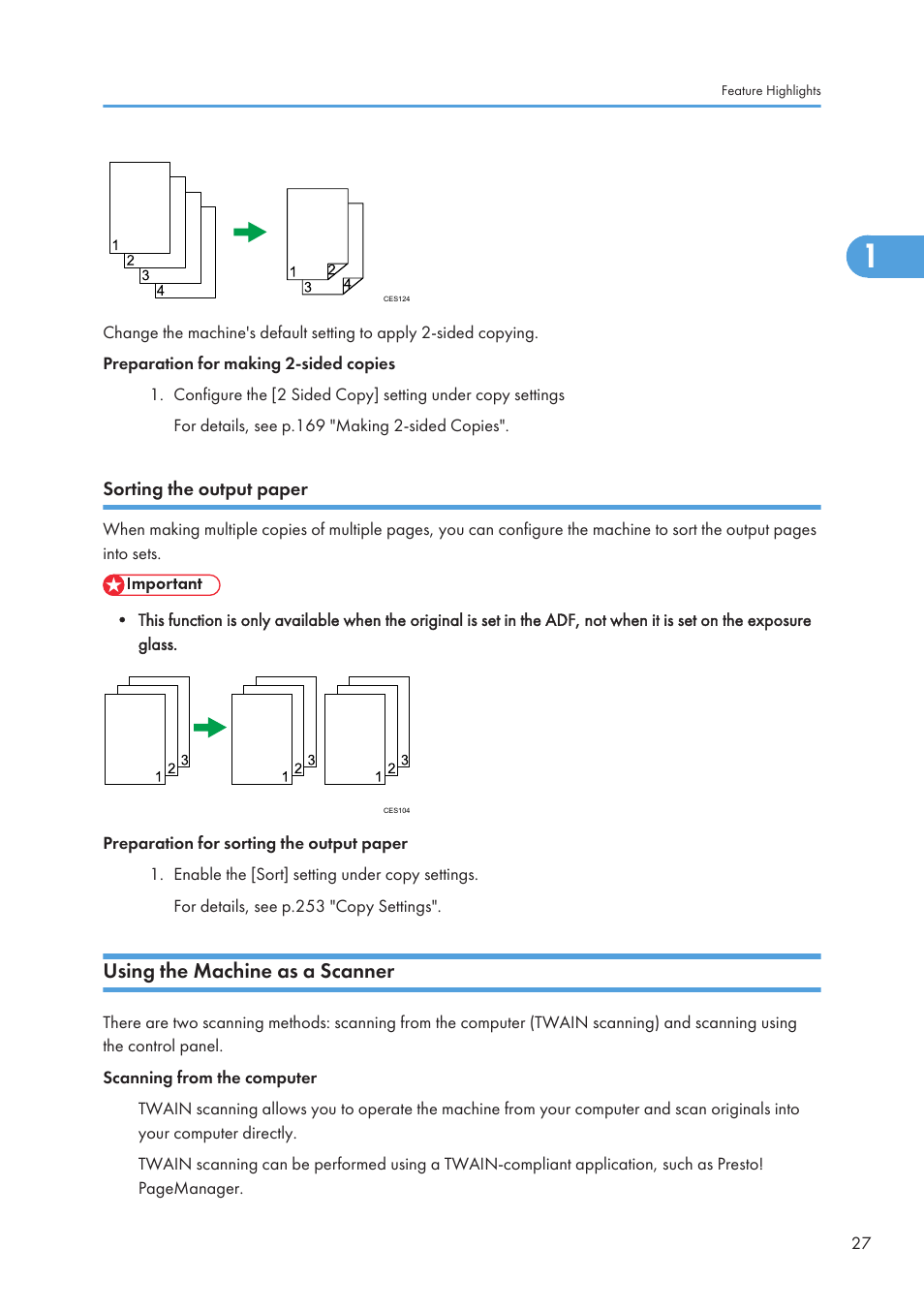 Sorting the output paper, Using the machine as a scanner | Ricoh SP C240SF User Manual | Page 29 / 456