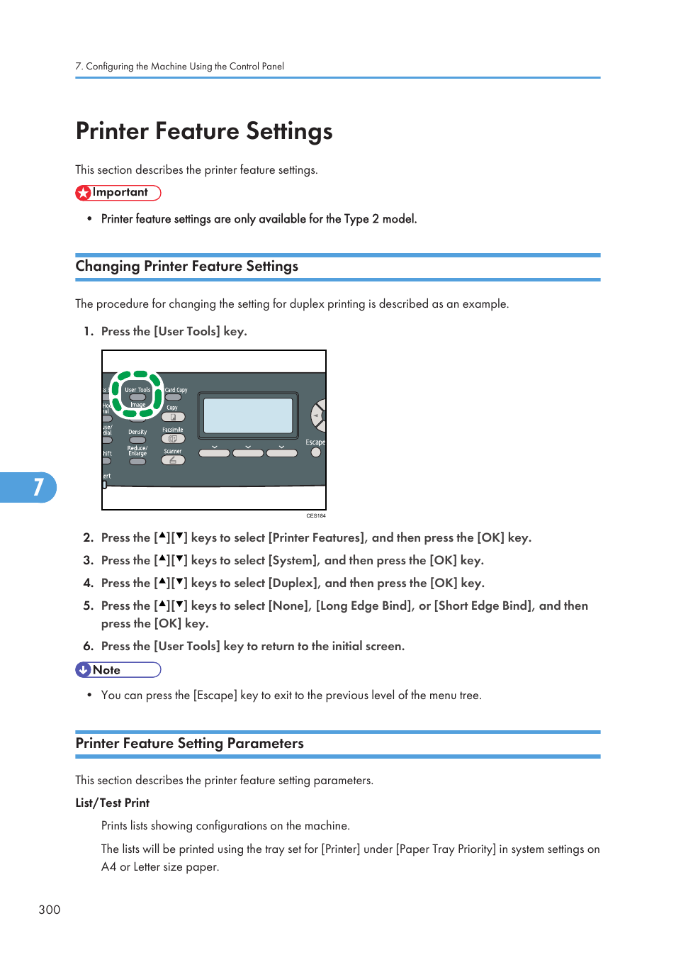 Printer feature settings, Changing printer feature settings, Printer feature setting parameters | Ricoh SP C240SF User Manual | Page 302 / 456
