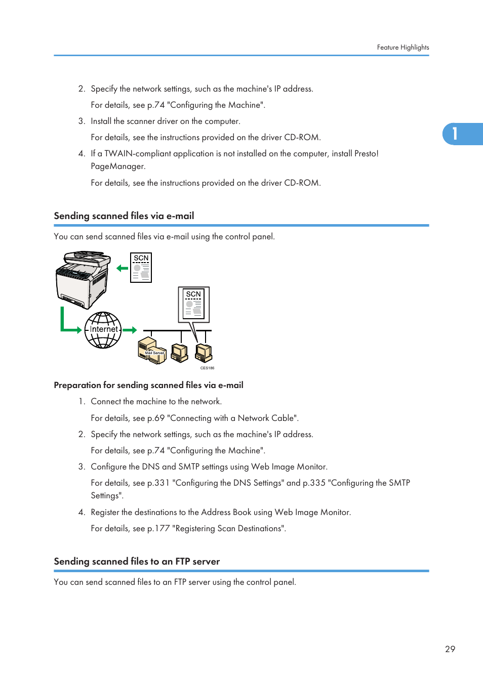 Sending scanned files via e-mail, Sending scanned files to an ftp server | Ricoh SP C240SF User Manual | Page 31 / 456