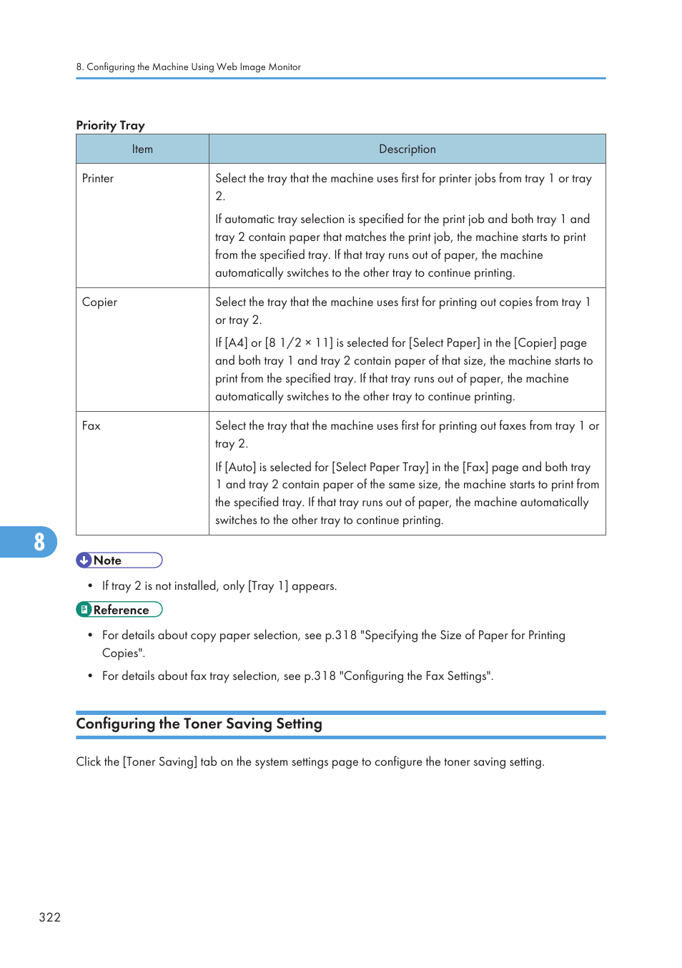 Configuring the toner saving setting | Ricoh SP C240SF User Manual | Page 324 / 456