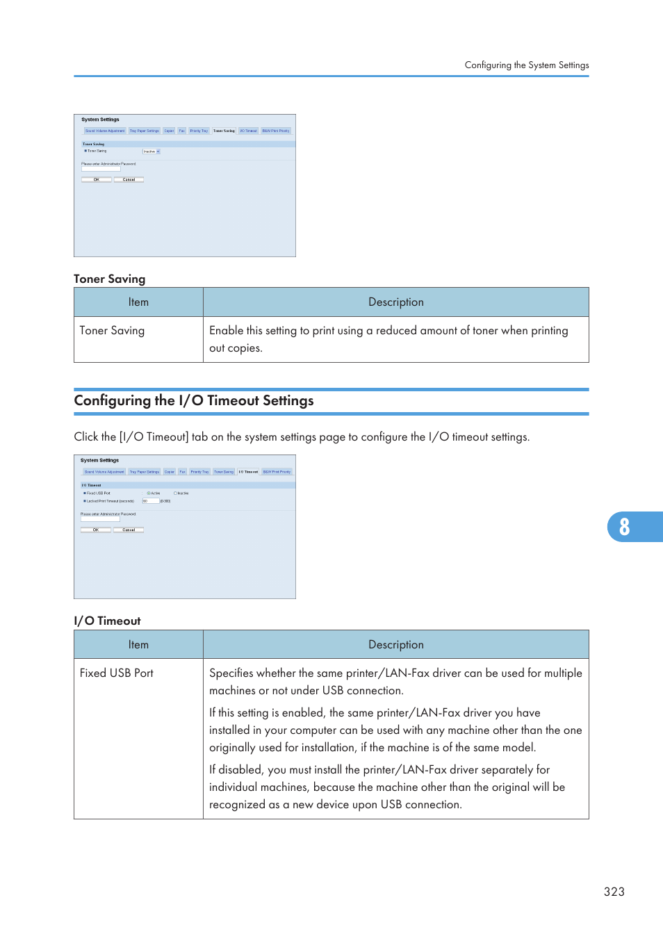 Configuring the i/o timeout settings | Ricoh SP C240SF User Manual | Page 325 / 456