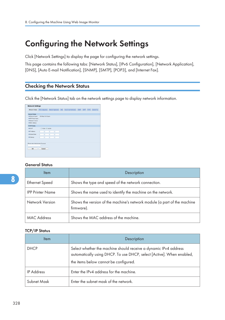 Configuring the network settings, Checking the network status | Ricoh SP C240SF User Manual | Page 330 / 456