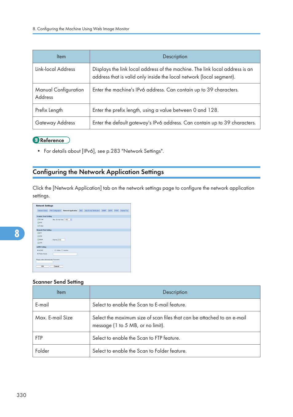 Configuring the network application settings | Ricoh SP C240SF User Manual | Page 332 / 456