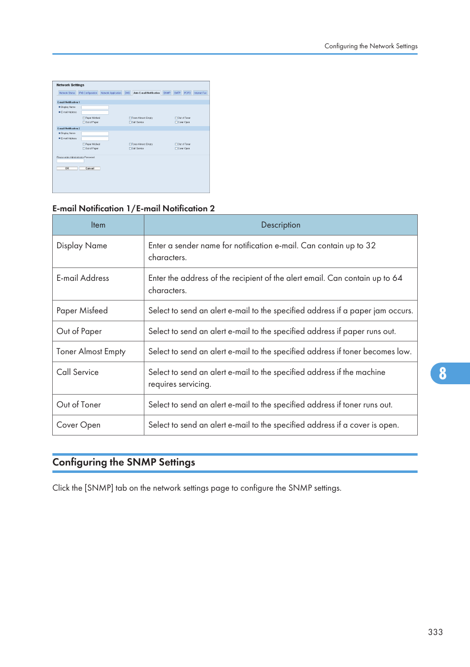 Configuring the snmp settings | Ricoh SP C240SF User Manual | Page 335 / 456