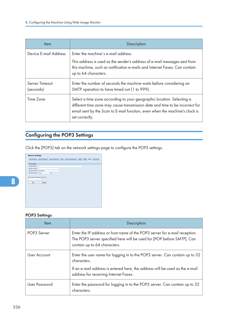Configuring the pop3 settings | Ricoh SP C240SF User Manual | Page 338 / 456