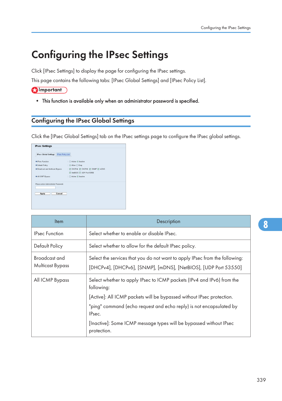 Configuring the ipsec settings, Configuring the ipsec global settings | Ricoh SP C240SF User Manual | Page 341 / 456