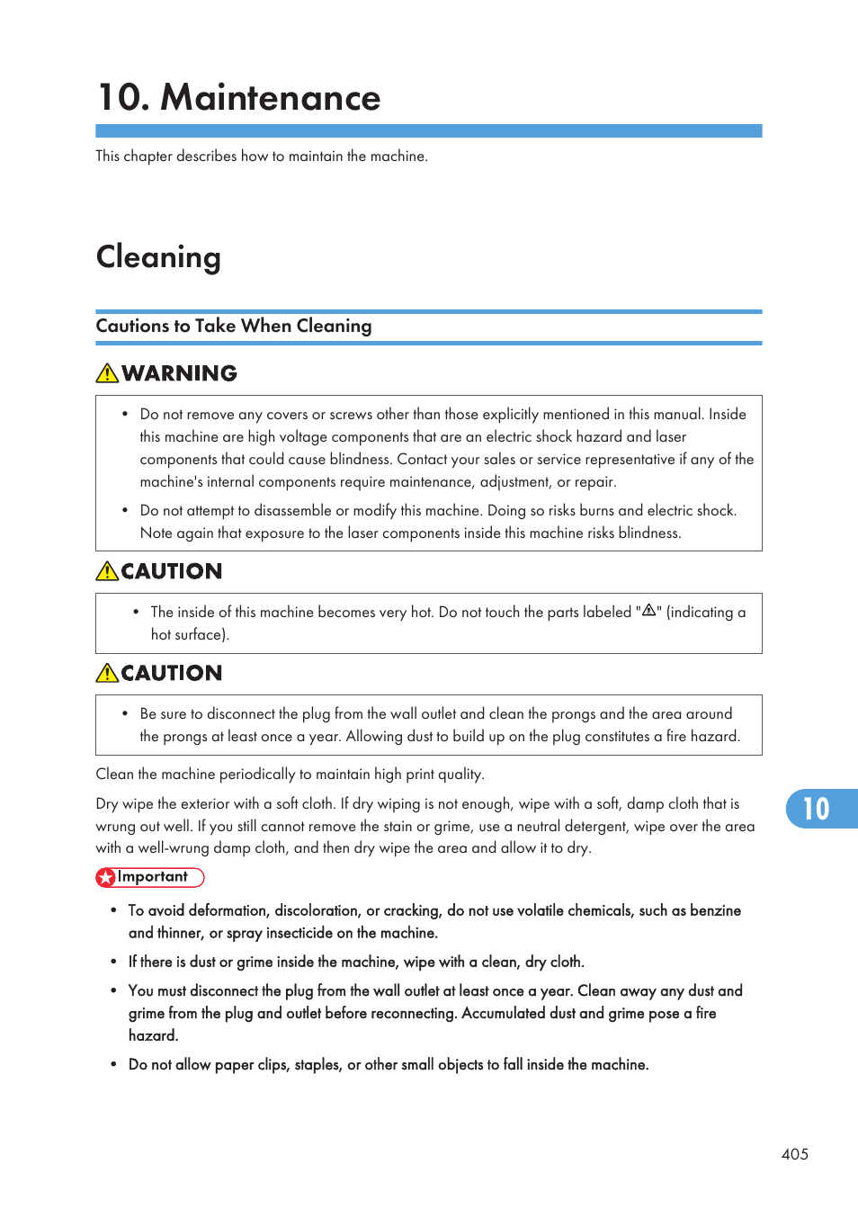 Maintenance, Cleaning, Cautions to take when cleaning | The exposure glass or adf is dirty. see p.405 | Ricoh SP C240SF User Manual | Page 407 / 456
