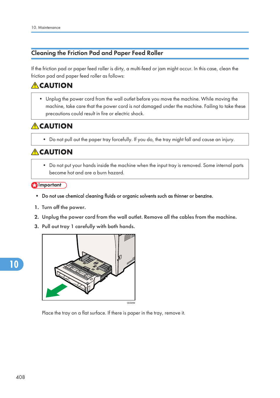 Cleaning the friction pad and paper feed roller | Ricoh SP C240SF User Manual | Page 410 / 456