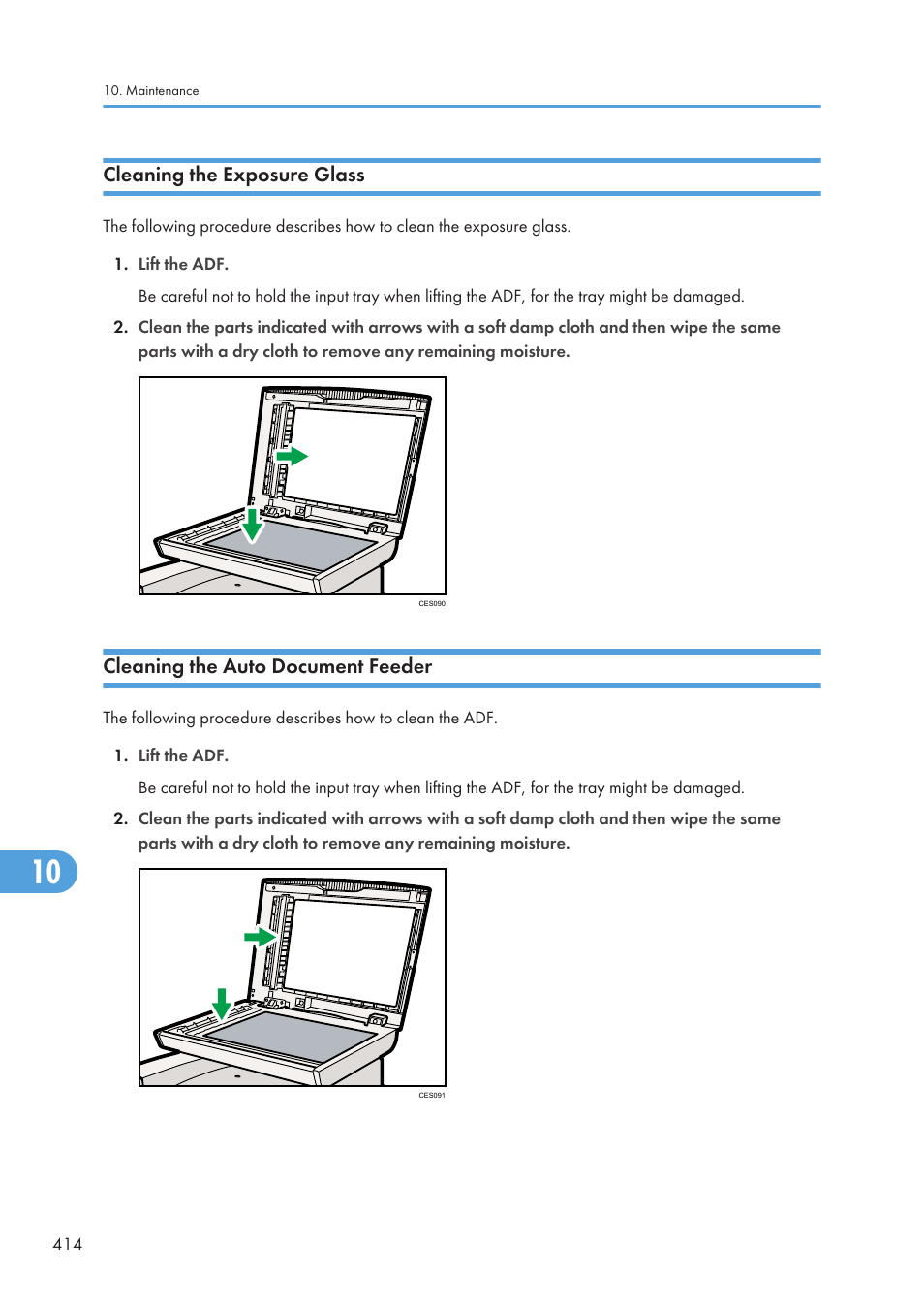 Cleaning the exposure glass, Cleaning the auto document feeder | Ricoh SP C240SF User Manual | Page 416 / 456