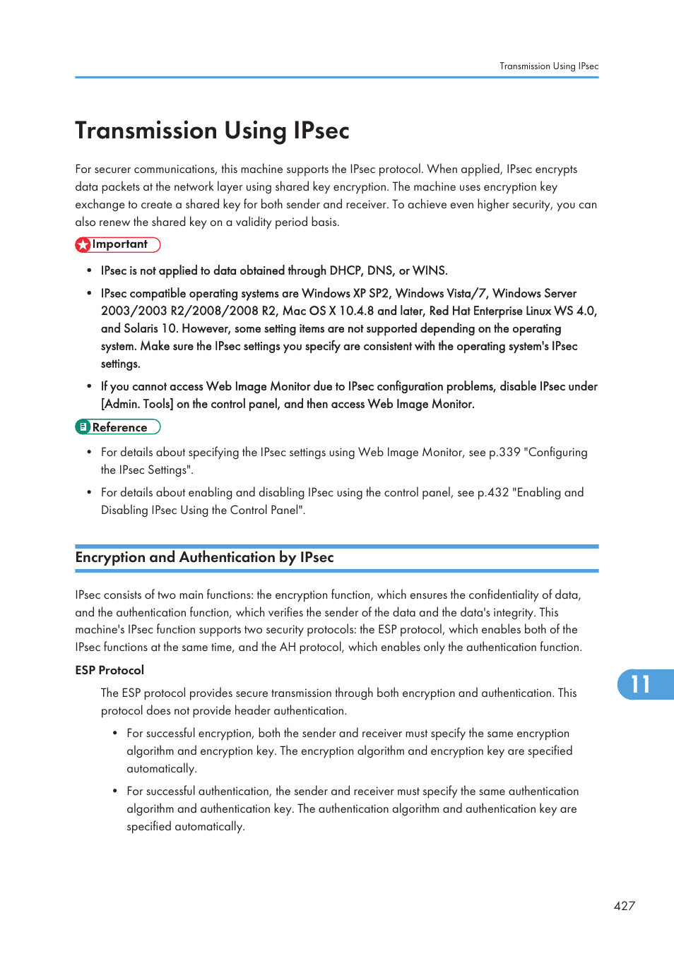 Transmission using ipsec, Encryption and authentication by ipsec | Ricoh SP C240SF User Manual | Page 429 / 456