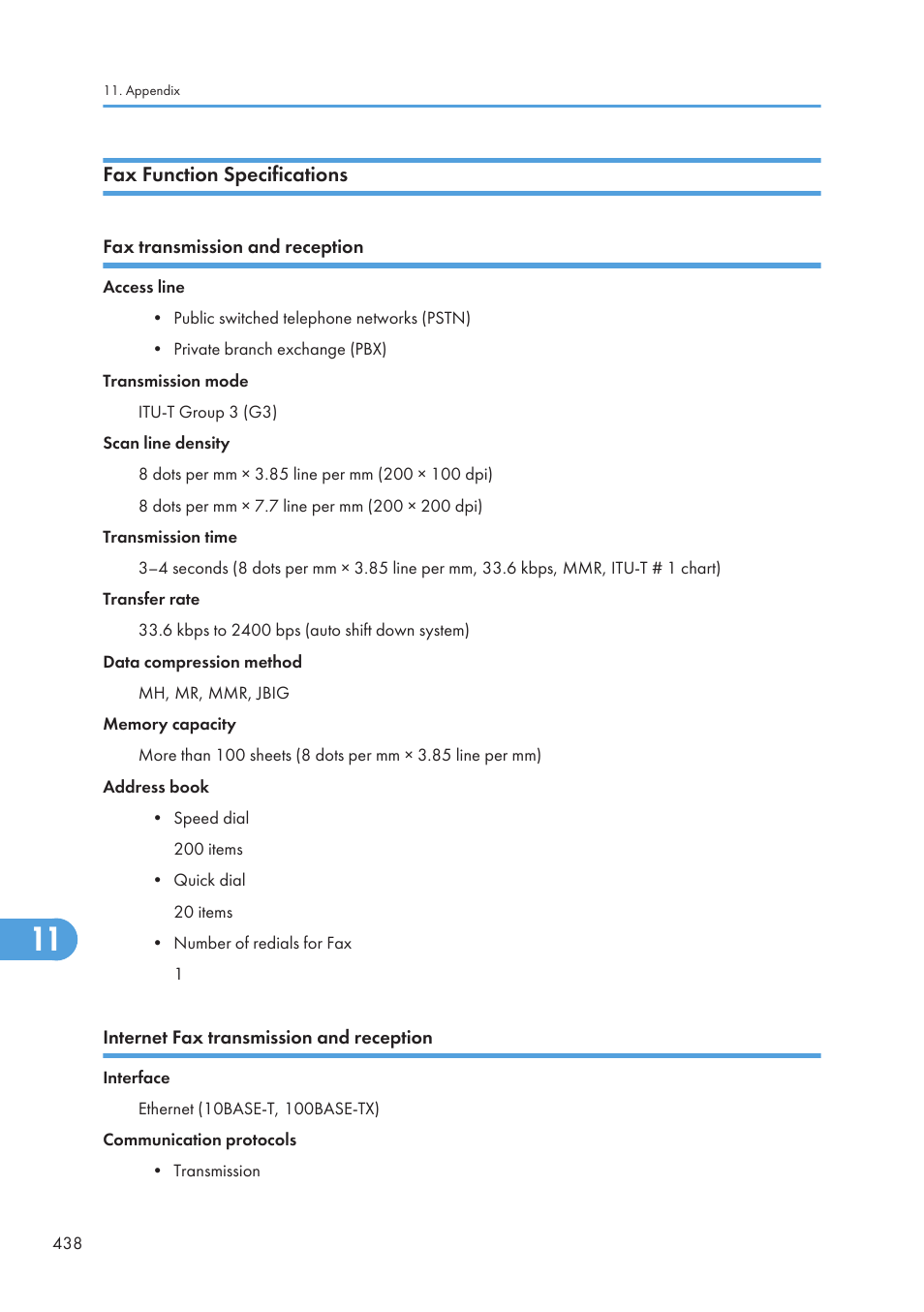 Fax function specifications, Fax transmission and reception, Internet fax transmission and reception | Ricoh SP C240SF User Manual | Page 440 / 456