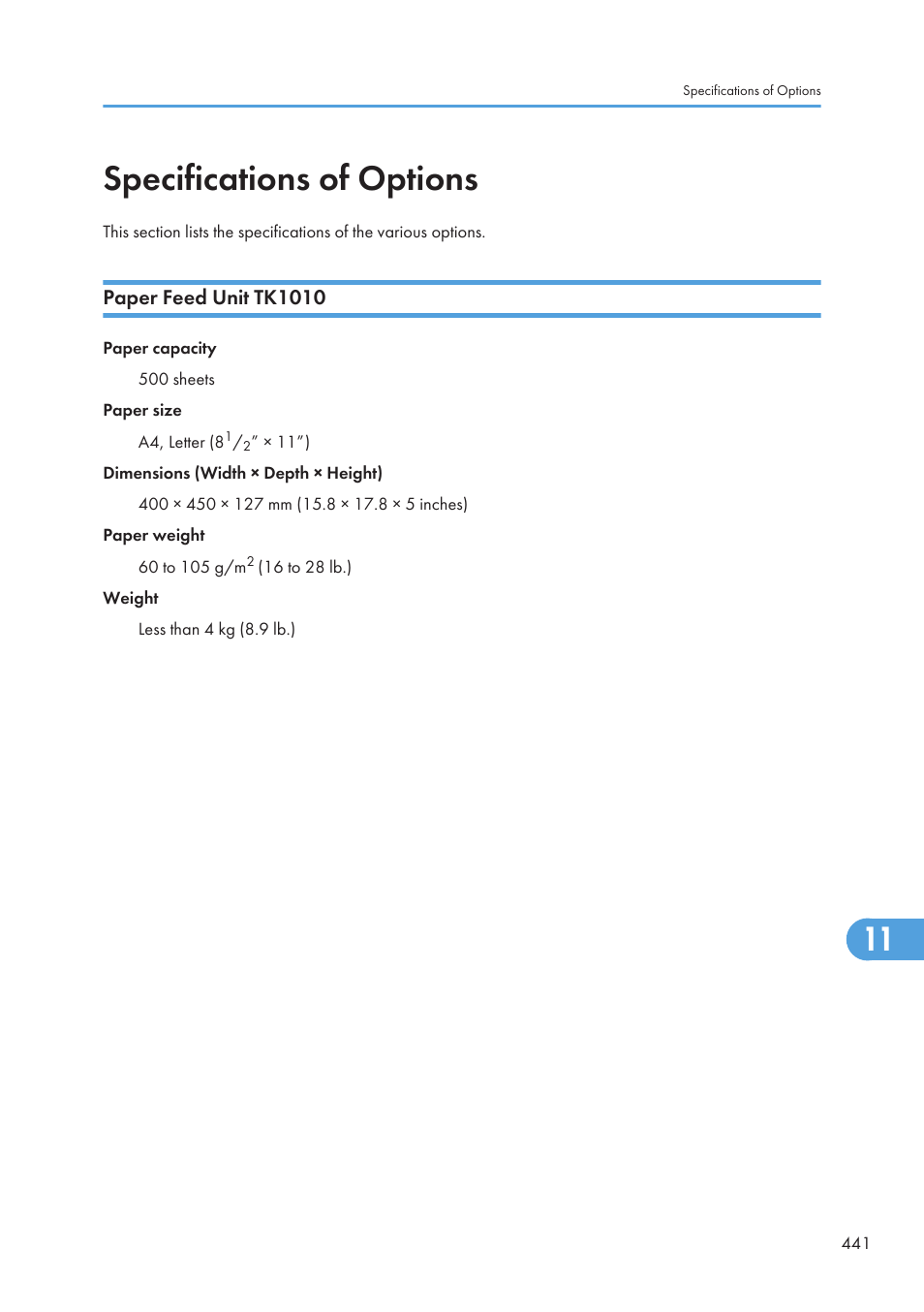 Specifications of options, Paper feed unit tk1010 | Ricoh SP C240SF User Manual | Page 443 / 456
