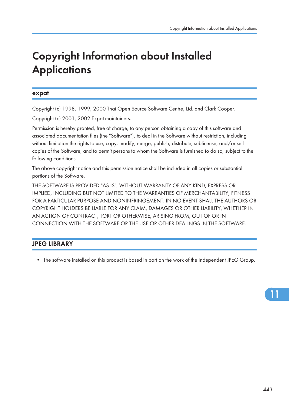 Copyright information about installed applications, Expat, Jpeg library | Expat jpeg library | Ricoh SP C240SF User Manual | Page 445 / 456