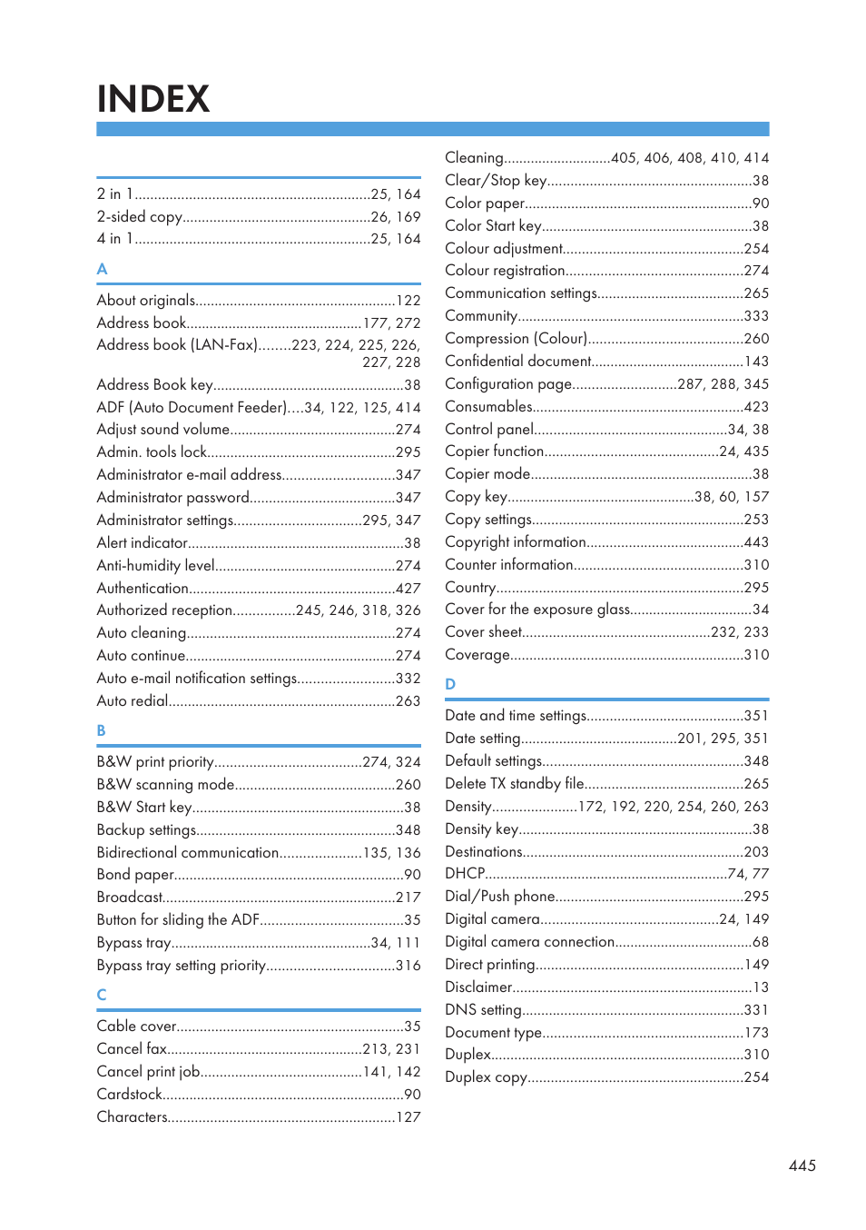 Index | Ricoh SP C240SF User Manual | Page 447 / 456
