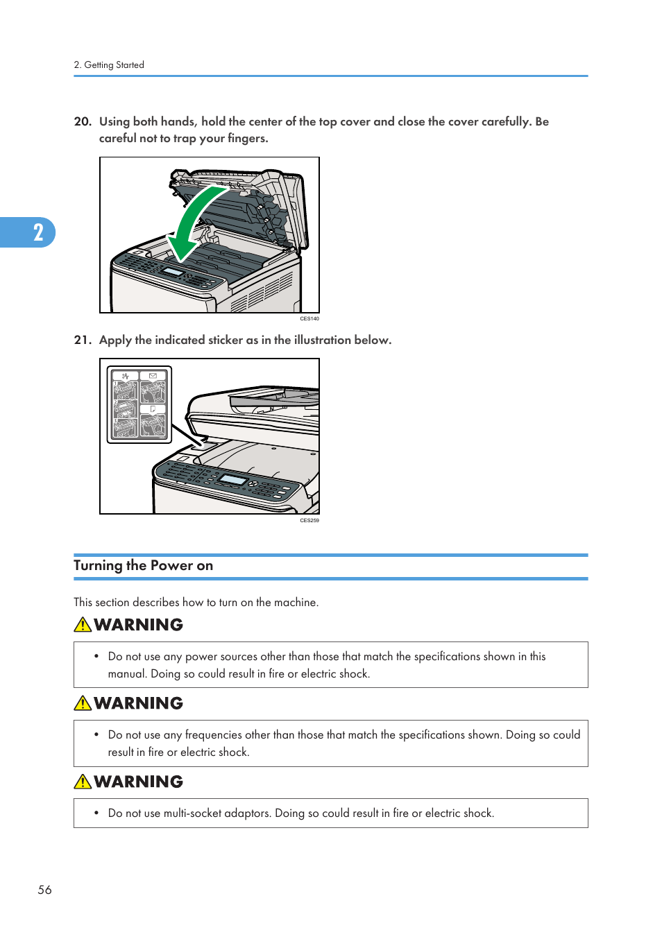 Turning the power on | Ricoh SP C240SF User Manual | Page 58 / 456