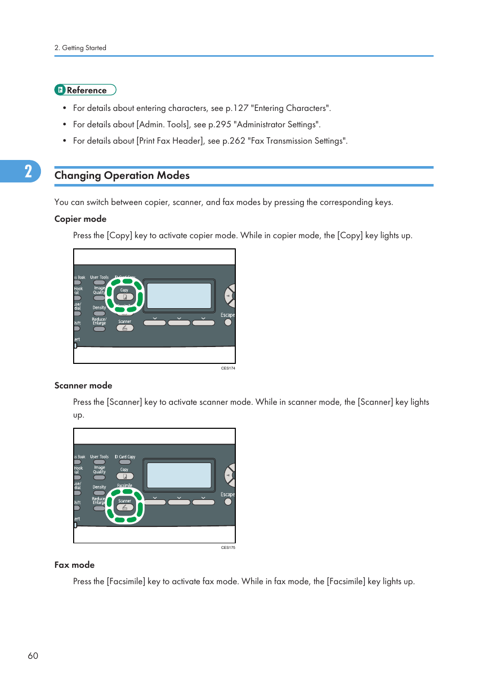 Changing operation modes | Ricoh SP C240SF User Manual | Page 62 / 456