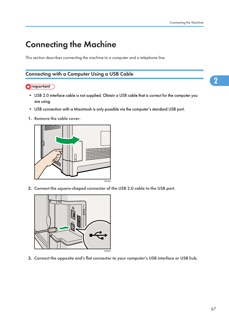 Connecting the machine, Connecting with a computer using a usb cable | Ricoh SP C240SF User Manual | Page 69 / 456