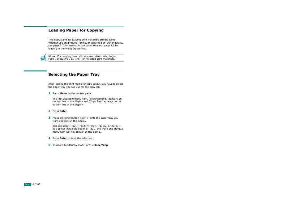 Loading paper for copying, Selecting the paper tray, Loading paper for copying selecting the paper tray | Ricoh Aficio FX200 User Manual | Page 115 / 278