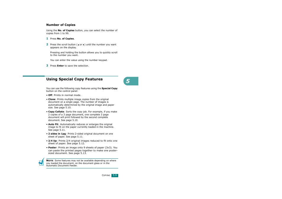 Number of copies, Using special copy features | Ricoh Aficio FX200 User Manual | Page 122 / 278