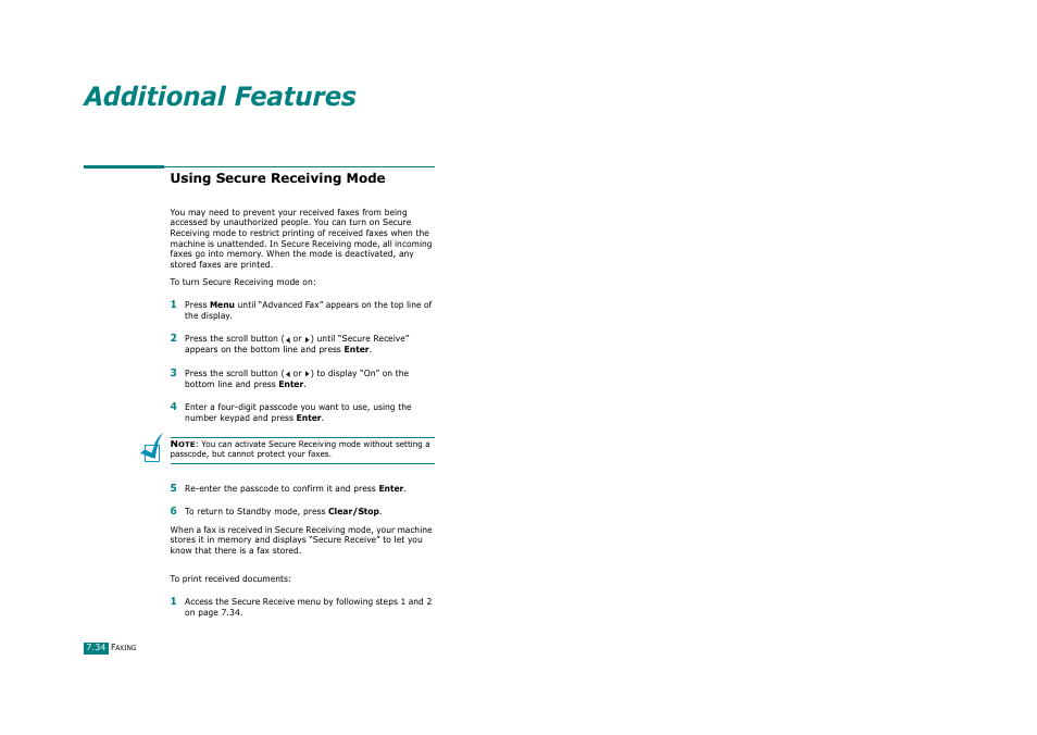 Using secure receiving mode, Additional features | Ricoh Aficio FX200 User Manual | Page 181 / 278