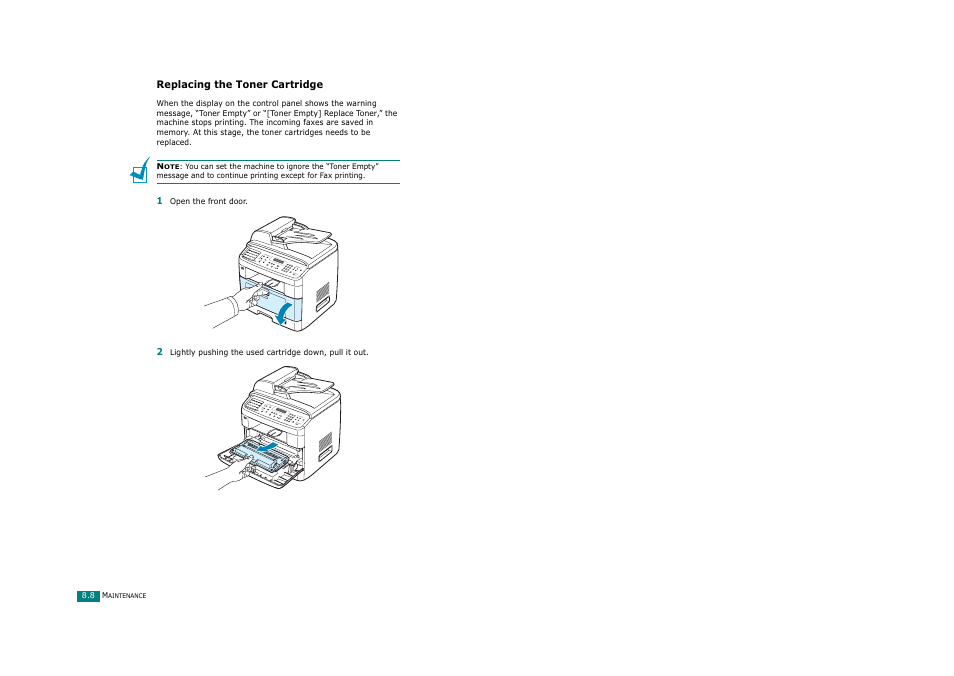 Replacing the toner cartridge | Ricoh Aficio FX200 User Manual | Page 195 / 278