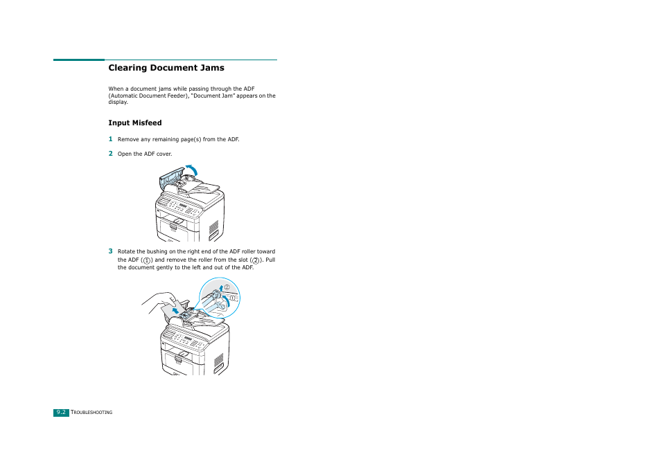 Clearing document jams, Input misfeed | Ricoh Aficio FX200 User Manual | Page 205 / 278