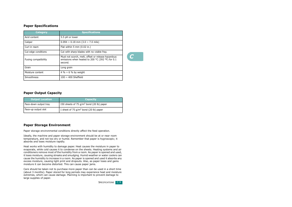 Paper specifications, Paper output capacity, Paper storage environment | Ricoh Aficio FX200 User Manual | Page 270 / 278