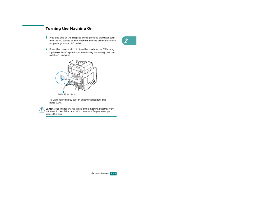 Turning the machine on | Ricoh Aficio FX200 User Manual | Page 40 / 278